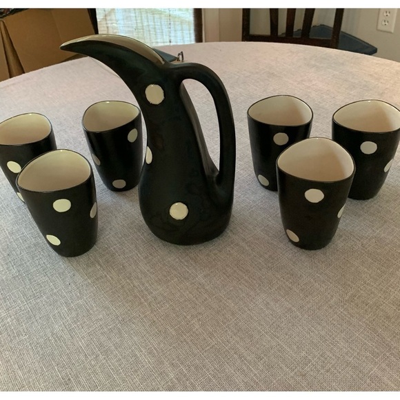 Vintage 1950’s MCM Atomic Matte Black Polka Dot Pitcher & 6 Glasses Signed - Picture 9 of 11